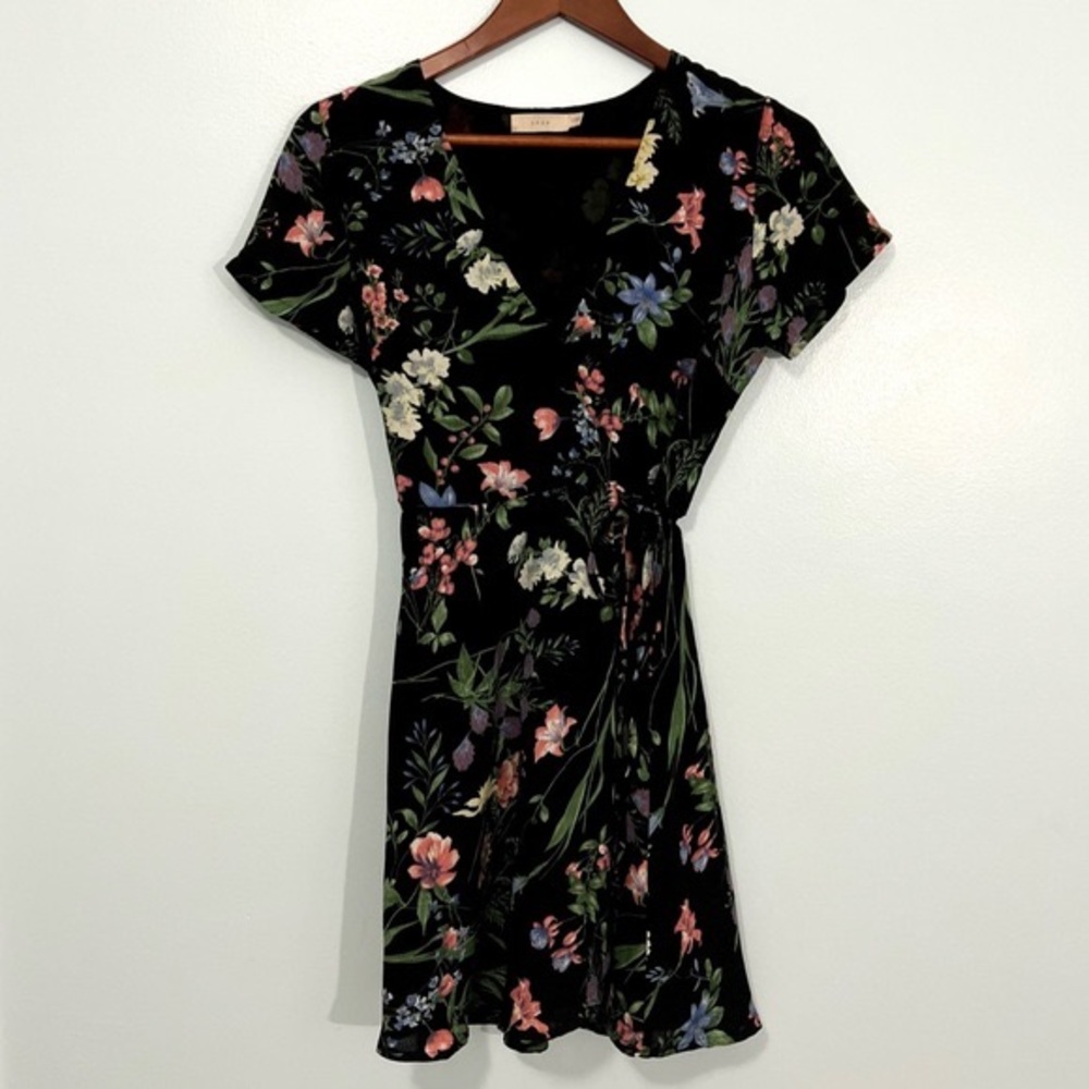 Lush Lulu's Floral Dainty V-Neck Crepe Georgette Tie Wrap Mini Dress Garden XS - Picture 5 of 13